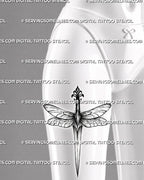Dragonfly dagger tattoo stencil shown on women’s front thigh placement with long insect wings and ornamental blade detail.