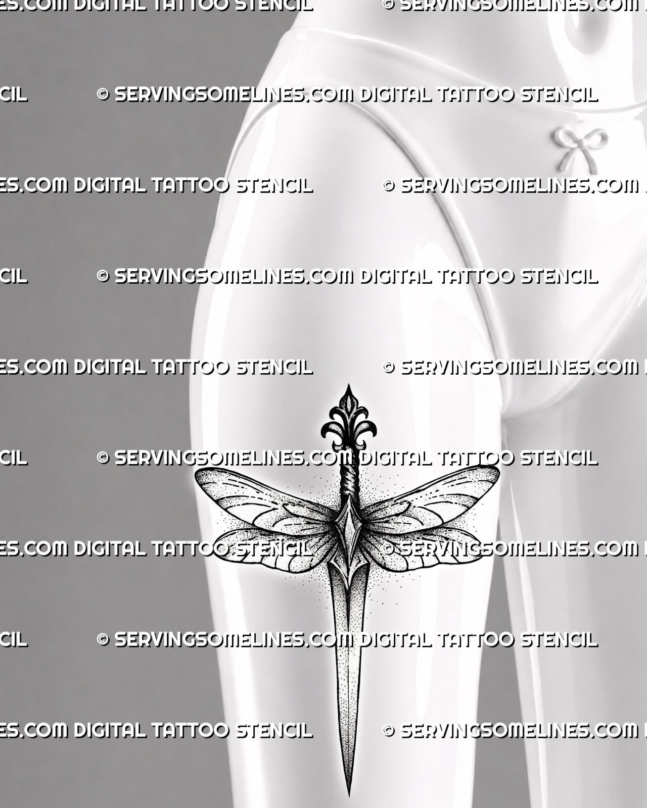 Dragonfly dagger tattoo stencil shown on women’s front thigh placement with long insect wings and ornamental blade detail.