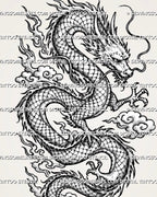 Eastern dragon tattoo stencil with winding scaled body, horned dragon face, flowing mane and whiskers, raised claws, curled tail, and cloud details