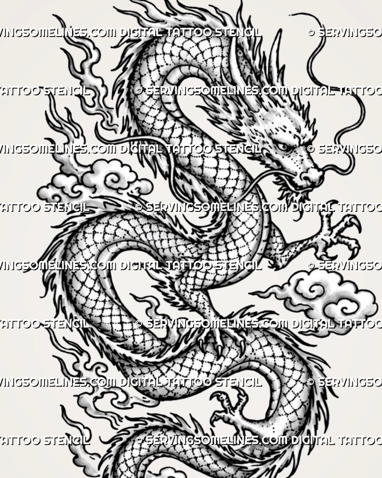 Eastern dragon tattoo stencil with winding scaled body, horned dragon face, flowing mane and whiskers, raised claws, curled tail, and cloud details