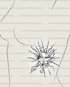 Edgy celestial tattoo design shown on feminine ribs placement, with sun face, crescent moon, stars, and flowing rays. 