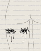 Back-thigh pairing using emo anime eyes tattoo flash, mirrored gaze with tear trails, goth vibe, and clean linework that holds at medium size.