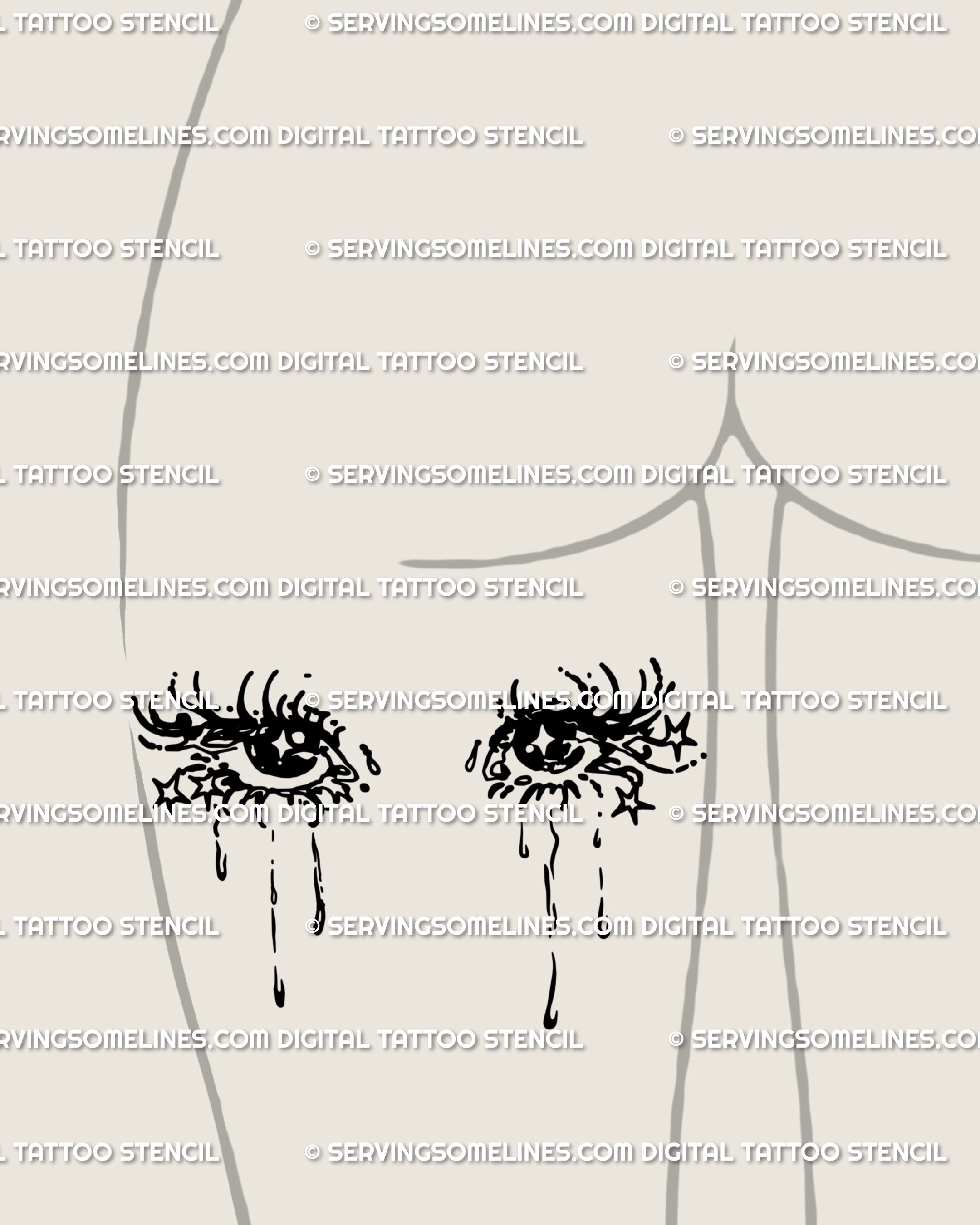 Back-thigh pairing using emo anime eyes tattoo flash, mirrored gaze with tear trails, goth vibe, and clean linework that holds at medium size.