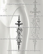 Ethereal script sword tattoo shown on a woman’s thigh with cursive lettering crossing the blade, decorative filigree, fine lines, and an ornate hilt