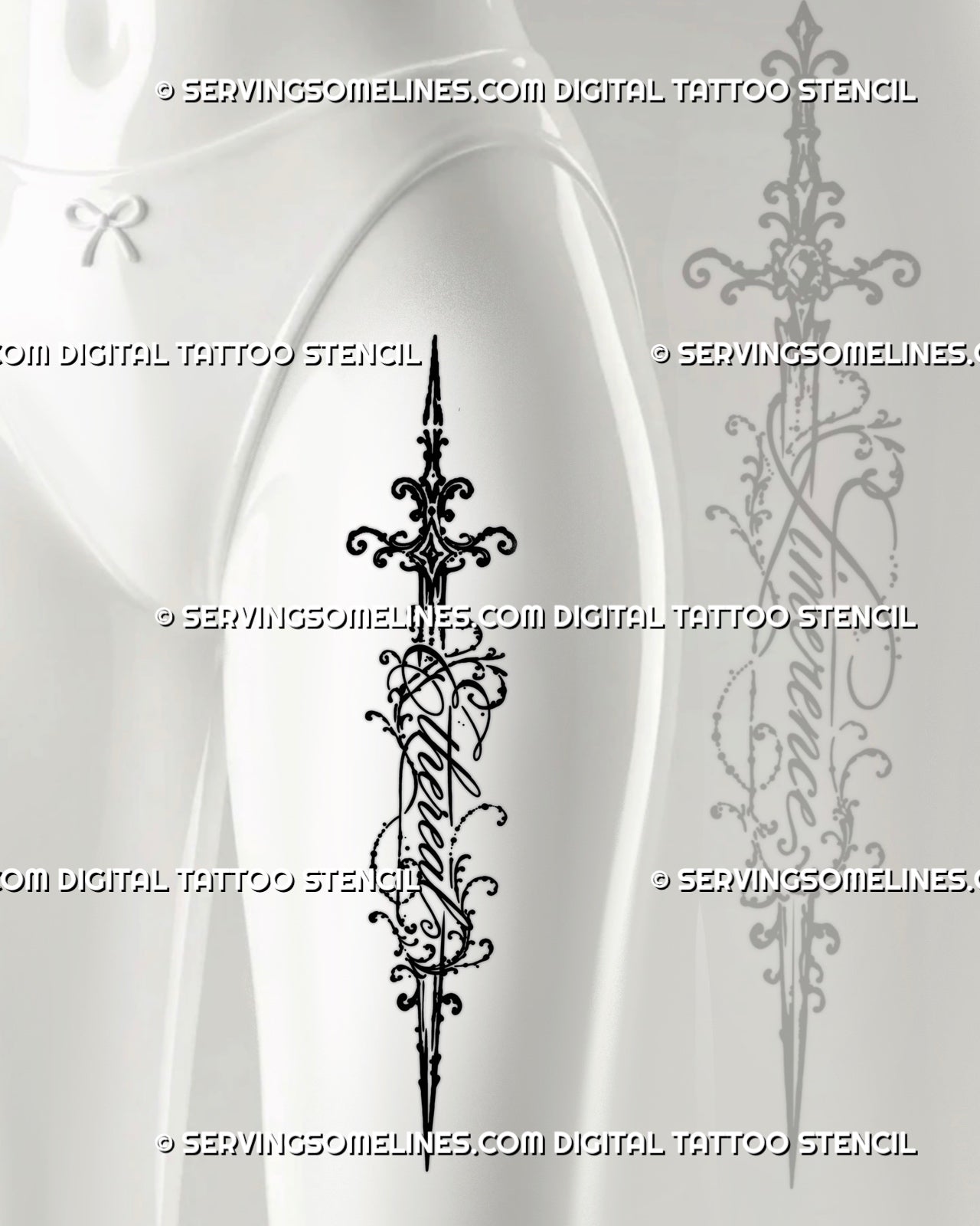 Ethereal script sword tattoo shown on a woman’s thigh with cursive lettering crossing the blade, decorative filigree, fine lines, and an ornate hilt