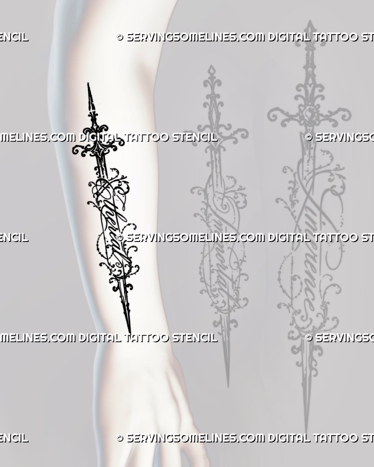 Ethereal sword tattoo with lettering shown on the forearm with a long vertical blade, flowing cursive script, filigree scrolls, and ornamental details