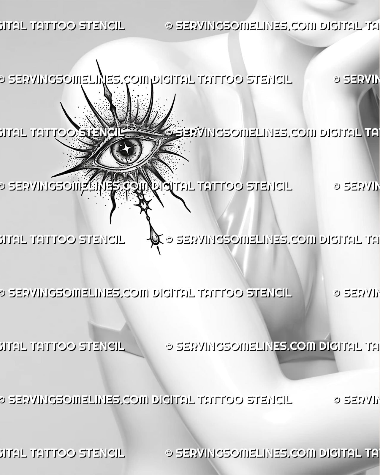 Evil eye tattoo design on female upper arm, with ornamental spikes, dotted shading, gray texture, and centered eye symbol.