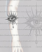 Evil eye tattoo preview on forearm, with a radiant spiked halo, star pupil, dotted shading, and hanging drop detail.