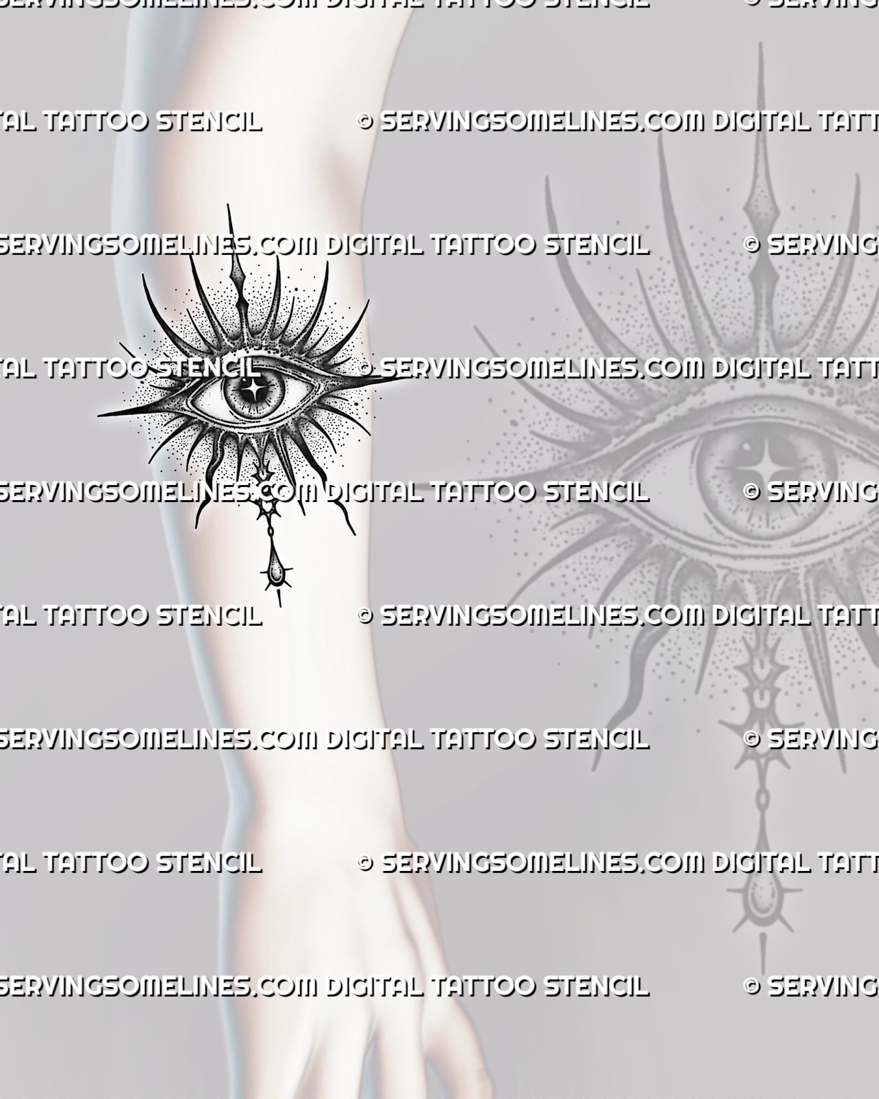 Evil eye tattoo preview on forearm, with a radiant spiked halo, star pupil, dotted shading, and hanging drop detail.