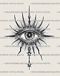 Evil eye tattoo stencil download with radiant spikes, star pupil detail, dotted shading, gray texture, and hanging drop ornament.