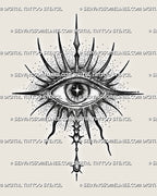 Evil eye tattoo stencil download with radiant spikes, star pupil detail, dotted shading, gray texture, and hanging drop ornament.