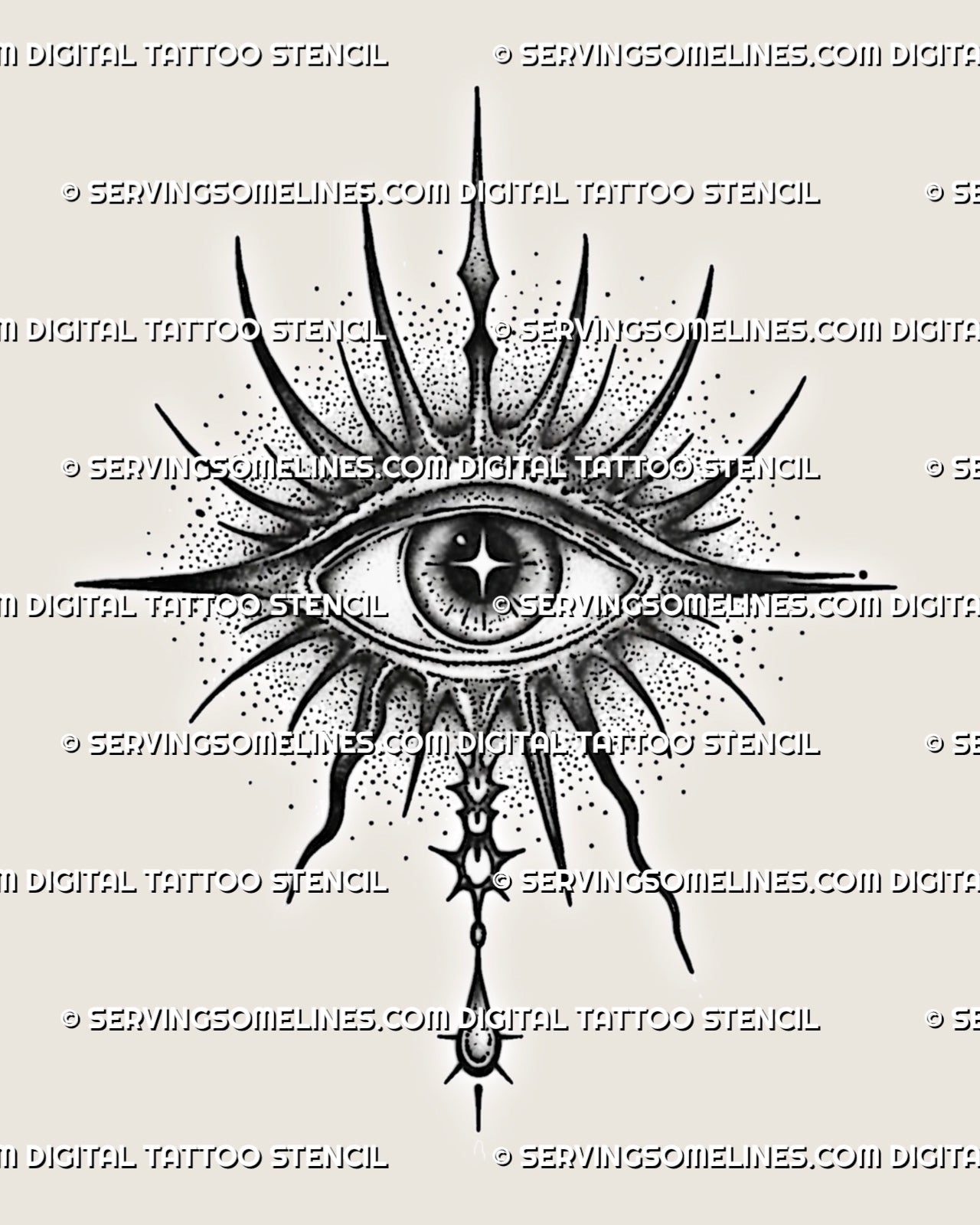Evil eye tattoo stencil download with radiant spikes, star pupil detail, dotted shading, gray texture, and hanging drop ornament.