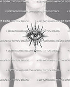 Evil eye tattoo stencil shown on men’s center chest, with radiant spikes, star pupil detail, soft shading, and hanging drop charm.