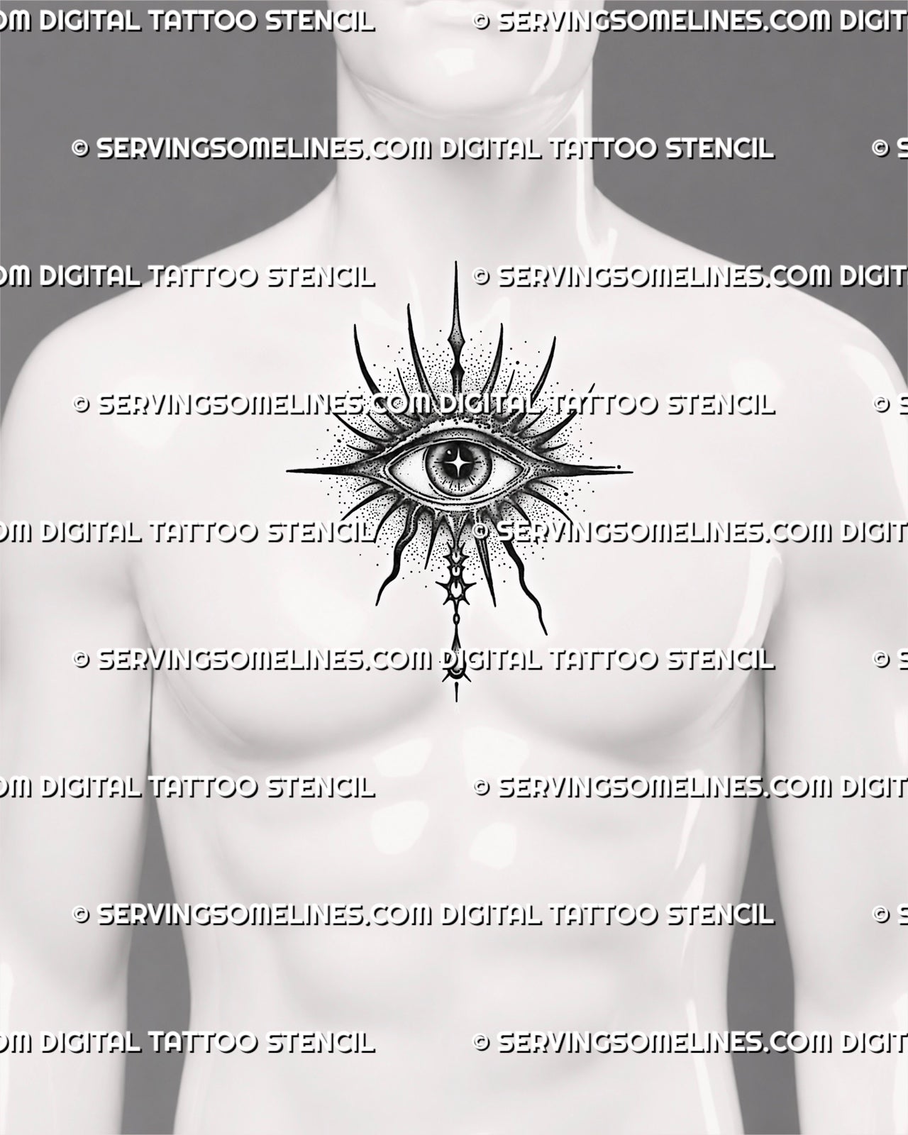 Evil eye tattoo stencil shown on men’s center chest, with radiant spikes, star pupil detail, soft shading, and hanging drop charm.