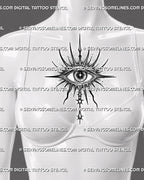 Evil eye tattoo stencil shown on women’s center chest, with radiant spikes, soft gray shading, star pupil, and lower drop ornament.