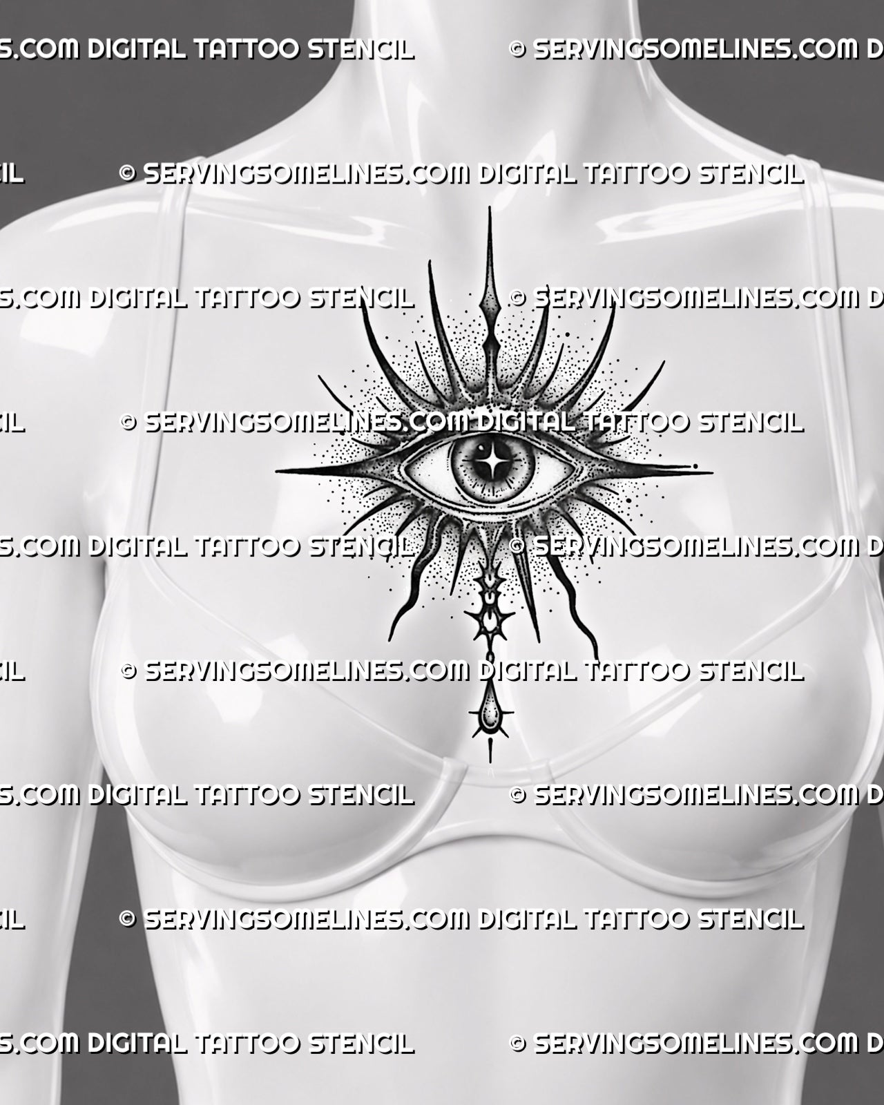 Evil eye tattoo stencil shown on women’s center chest, with radiant spikes, soft gray shading, star pupil, and lower drop ornament.