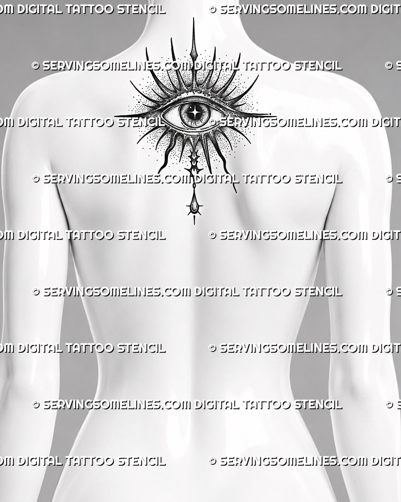 Evil eye tattoo preview on women’s upper back behind the neck, with radiant spikes, dotted shading, star pupil, and drop ornament.