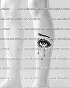 Eye tattoo with tears preview on calf, showing one large crying eye with sharp brow, dotted shading, and long tear drops.