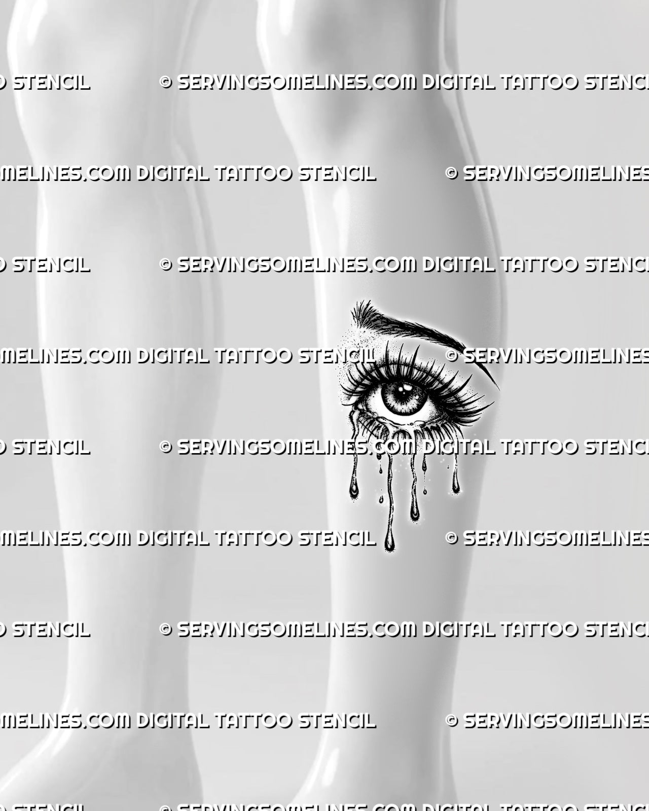 Eye tattoo with tears preview on calf, showing one large crying eye with sharp brow, dotted shading, and long tear drops.