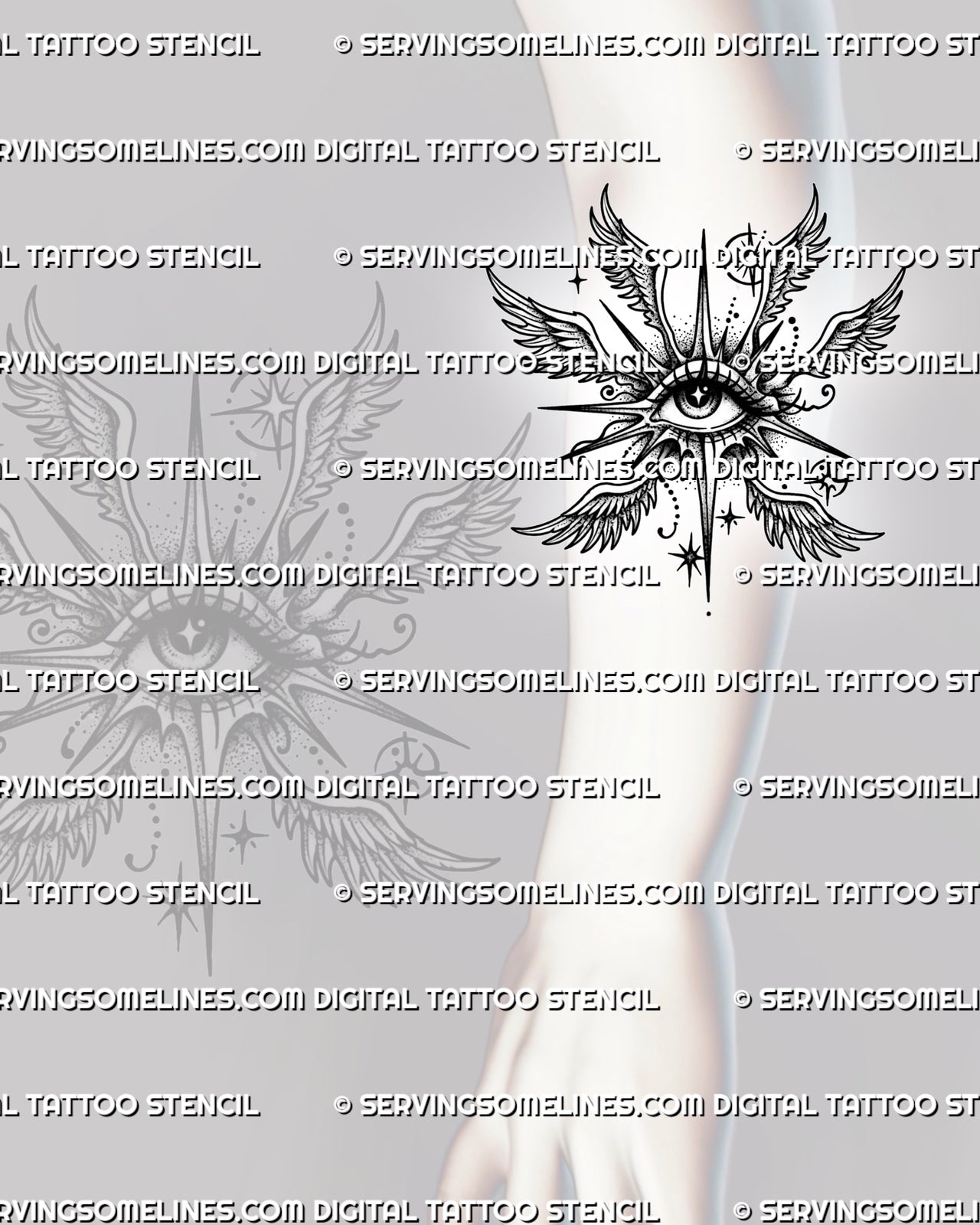 Eye with angel wings tattoo shown on forearm placement, with central eye, feathered wings, and celestial accents. 