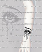 Eye with tears tattoo stencil shown on wrist, with one dramatic eye, arched brow, clean lash detail, and dripping tear trails.