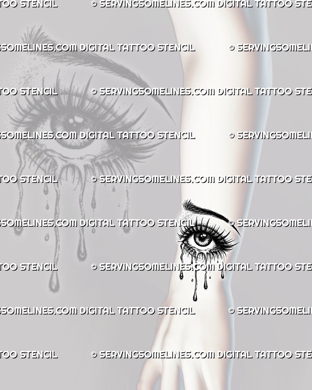 Eye with tears tattoo stencil shown on wrist, with one dramatic eye, arched brow, clean lash detail, and dripping tear trails.