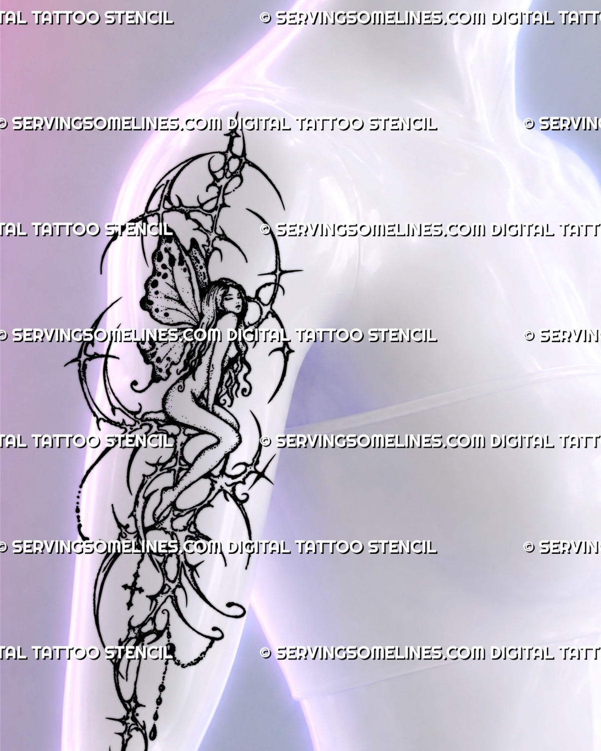 Women’s arm tattoo placement preview of a seated gothic fairy, with spotted butterfly-like wings, dotwork shading and flowing, thorn-like cyber tribal ornament.