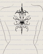 Fantasy butterfly sword tattoo on a woman’s upper back, showing fairy wings and an eye symbol for a feminine fantasy look.