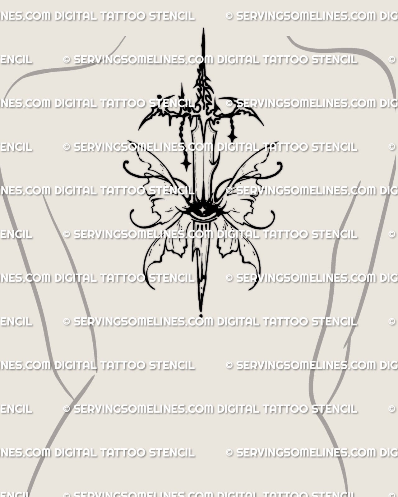 Fantasy butterfly sword tattoo on a woman’s upper back, showing fairy wings and an eye symbol for a feminine fantasy look.