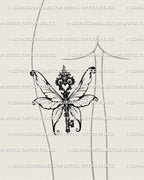 Fairy wings key tattoo stencil displayed on back of thigh placement, dark fae key with wings.