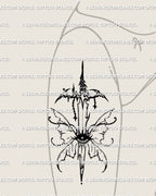 Fantasy butterfly sword tattoo placed on a woman’s hip, fairy wings and eye charm included for a soft feminine dagger design.