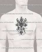 Faith cross tattoo stencil shown on men’s chest center with medieval gothic cross, wing accents, flowing banner, and bold religious tattoo for men placement