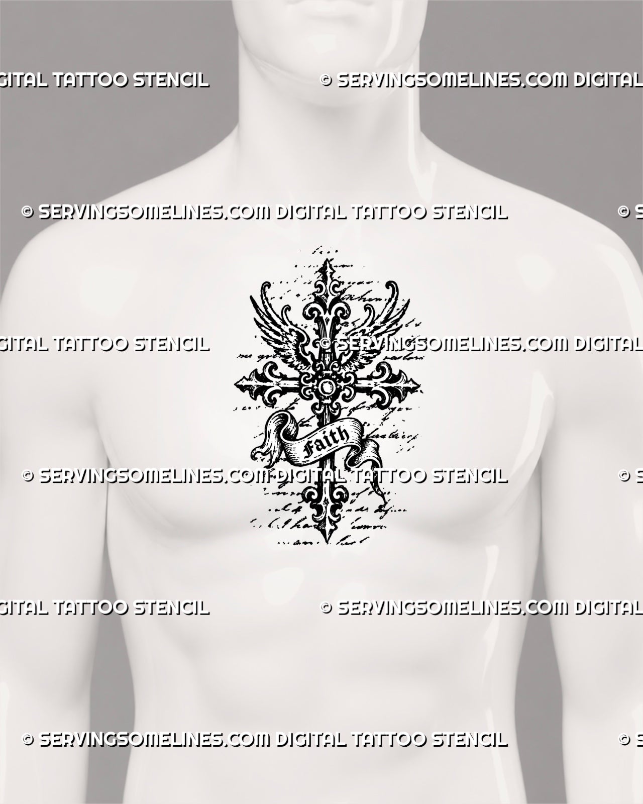 Faith cross tattoo stencil shown on men’s chest center with medieval gothic cross, wing accents, flowing banner, and bold religious tattoo for men placement
