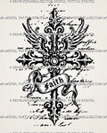Faith cross tattoo stencil with winged gothic cross, flowing banner, ornamental sacred detail, manuscript texture, and vertical religious tattoo design
