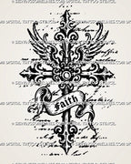 Faith cross tattoo stencil with winged gothic cross, flowing banner, ornamental sacred detail, manuscript texture, and vertical religious tattoo design