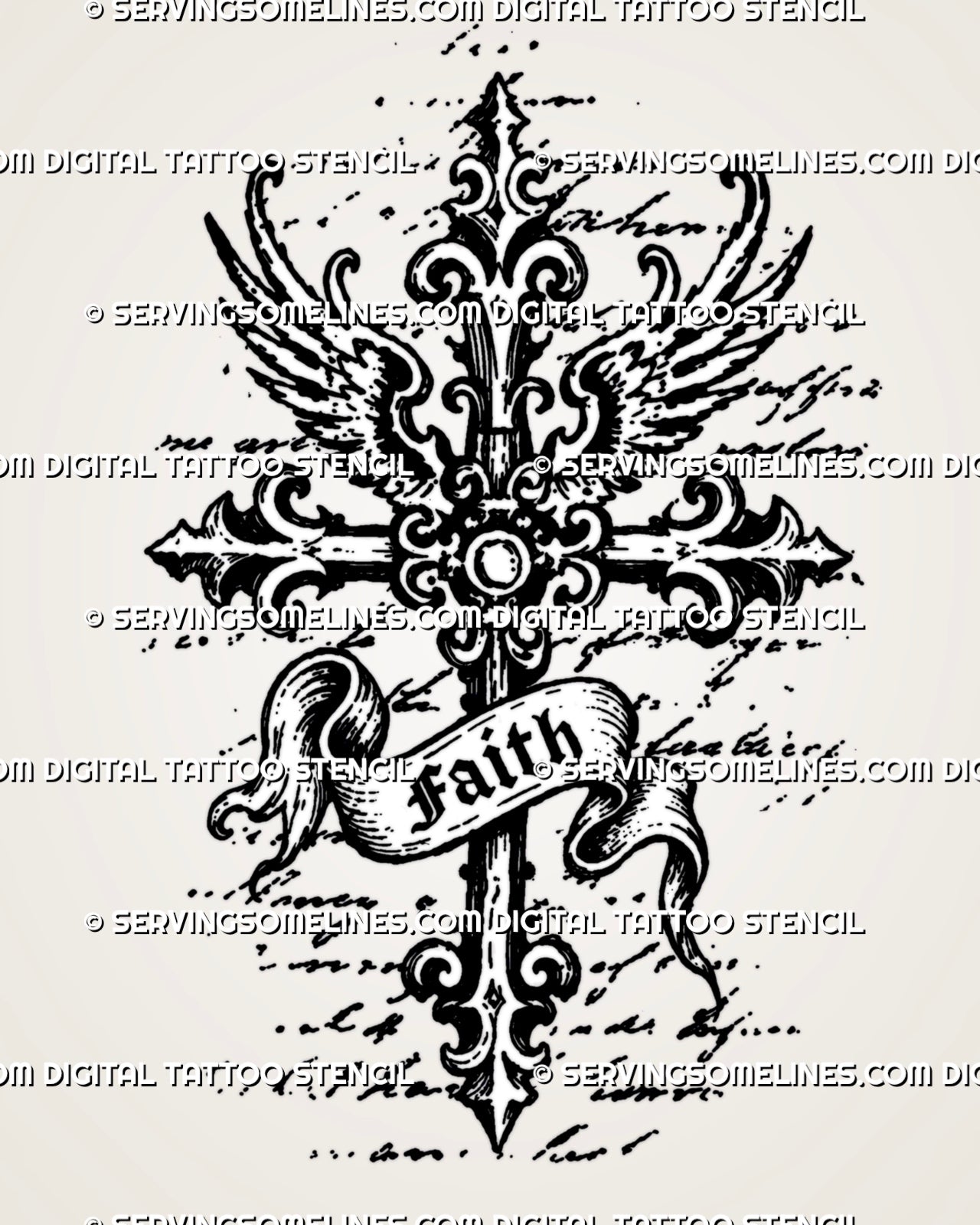 Faith cross tattoo stencil with winged gothic cross, flowing banner, ornamental sacred detail, manuscript texture, and vertical religious tattoo design