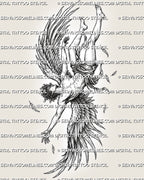 Fall of Icarus tattoo stencil preview with falling male figure, large wings, loose fabric, scattered feathers, and tragic motion.