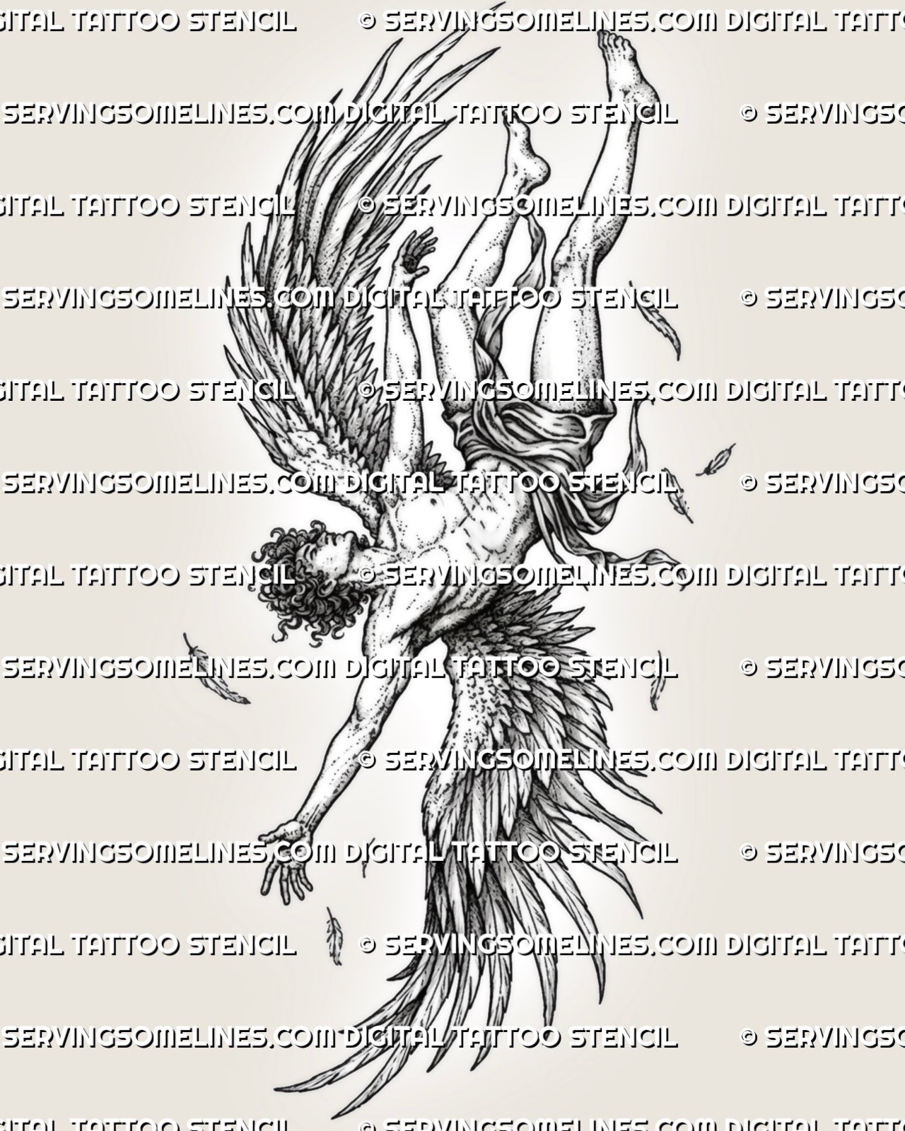 Fall of Icarus tattoo stencil preview with falling male figure, large wings, loose fabric, scattered feathers, and tragic motion.