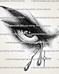 Fallen angel eye tattoo stencil download with heavy dotted shading, long tear drops, star highlights, and dark angel mood.