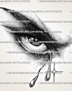 Fallen angel eye tattoo stencil download with heavy dotted shading, long tear drops, star highlights, and dark angel mood.