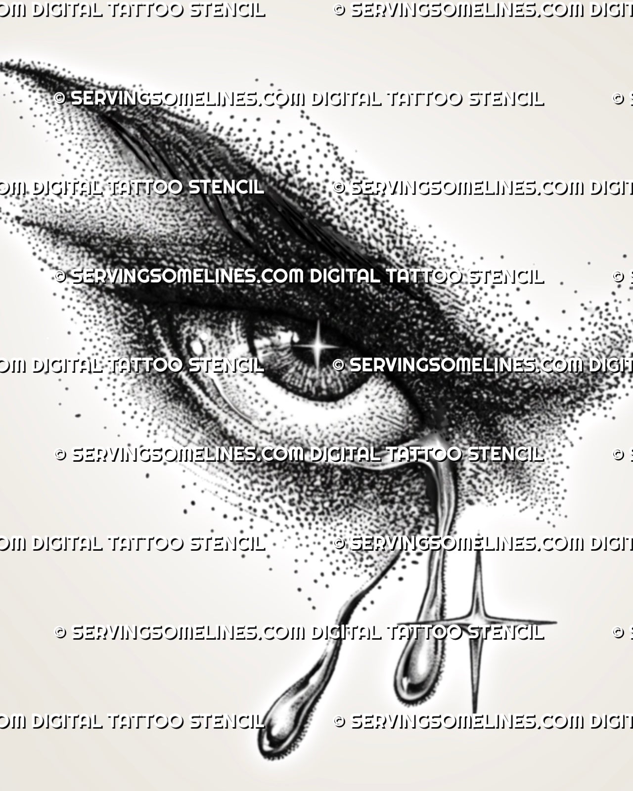 Fallen angel eye tattoo stencil download with heavy dotted shading, long tear drops, star highlights, and dark angel mood.