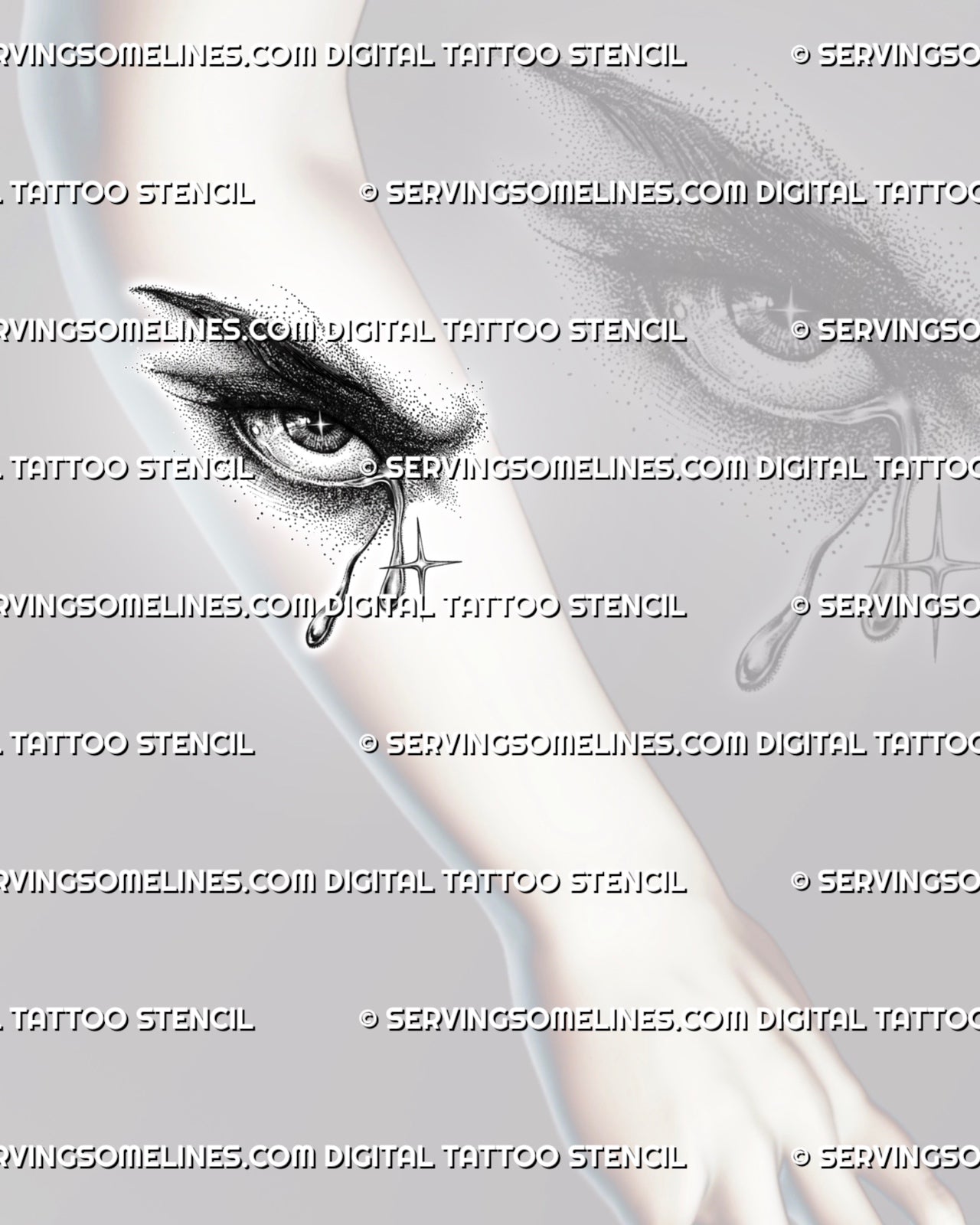Fallen angel tear tattoo shown on forearm, with dramatic eye detail, glossy tears, dotted shading, and sharp star highlights.