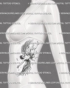 Fallen angel wings tattoo shown on women’s ribs, with falling body, scattered feathers, loose cloth, and vertical placement flow.