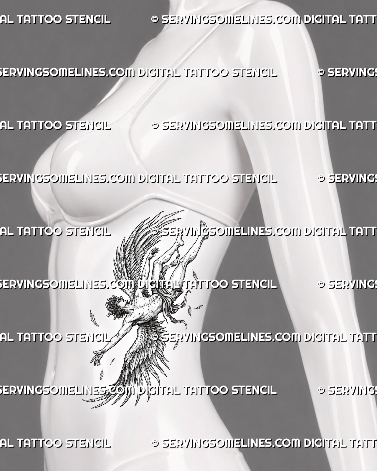 Fallen angel wings tattoo shown on women’s ribs, with falling body, scattered feathers, loose cloth, and vertical placement flow.