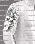 Falling angel tattoo preview on men’s upper arm, with winged figure, dramatic falling pose, feathered wings, and loose cloth.