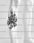 Fantasy castle tattoo stencil shown on calf with medieval tower shape, pointed spires, staircase entrance, and blackwork architectural texture