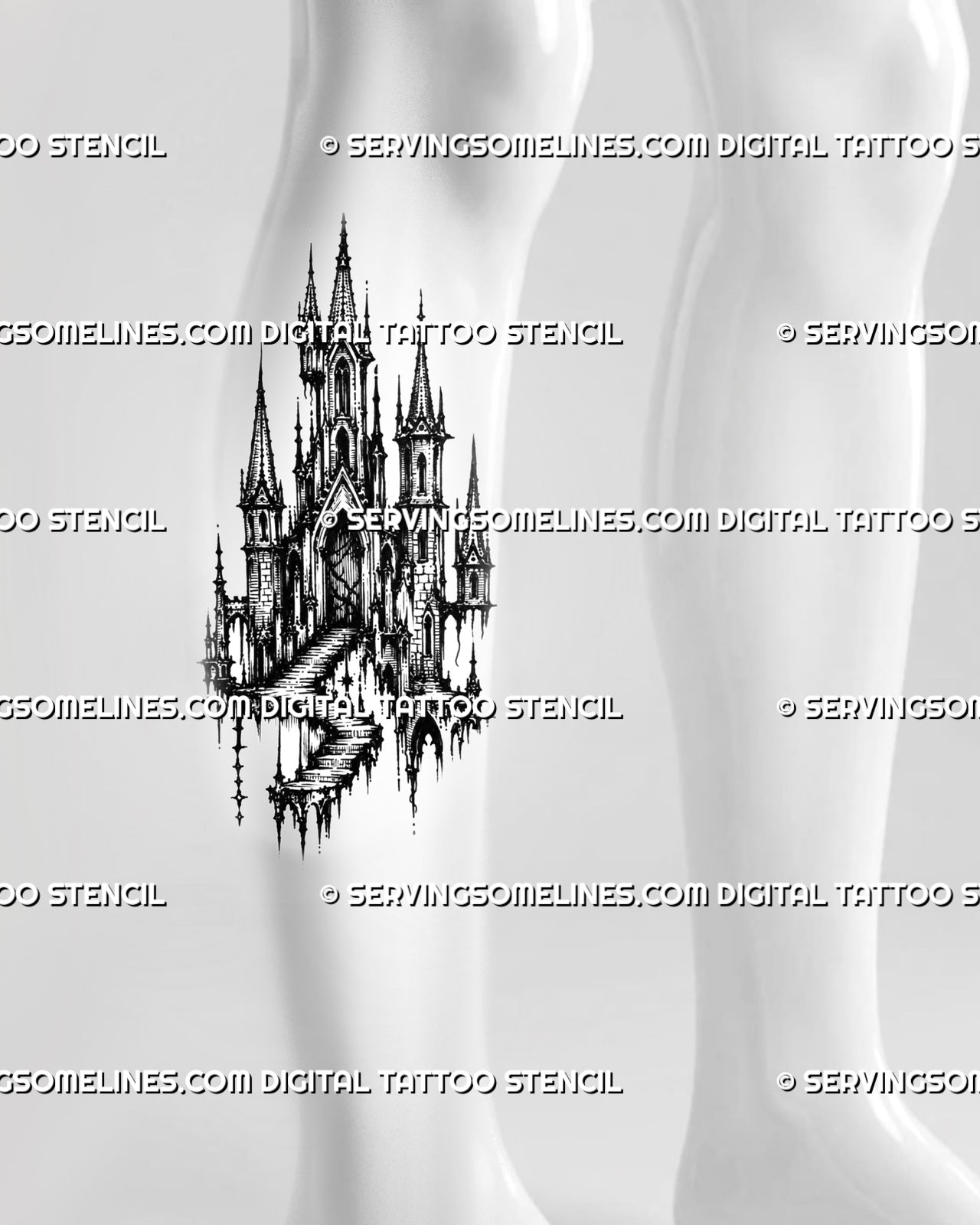 Fantasy castle tattoo stencil shown on calf with medieval tower shape, pointed spires, staircase entrance, and blackwork architectural texture