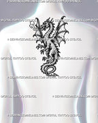 Fantasy dragon tattoo stencil shown on upper back with medieval winged dragon, horned head, smoke breath, spiked back, claws, and bold full-body shape