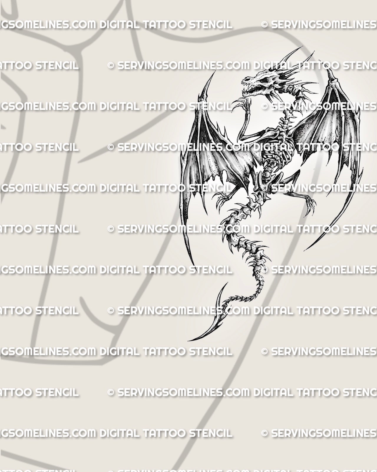 Fantasy dragon tattoo stencil shown on women’s arm placement with skeletal shape, torn wings, skull, and black shaded linework.