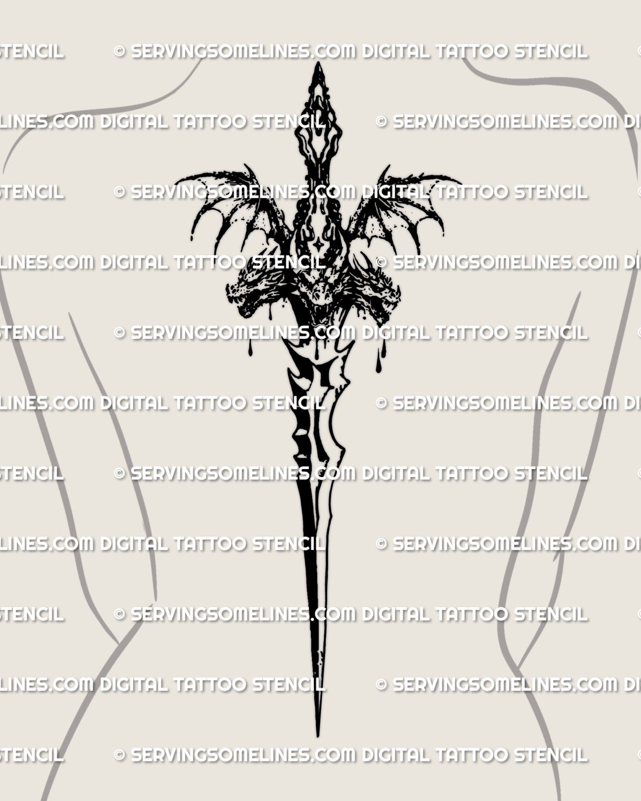 women’s full spine tattoo mockup showing long fantasy sword with gothic medieval handle and slim blade aligned down the back for dramatic centerline placement